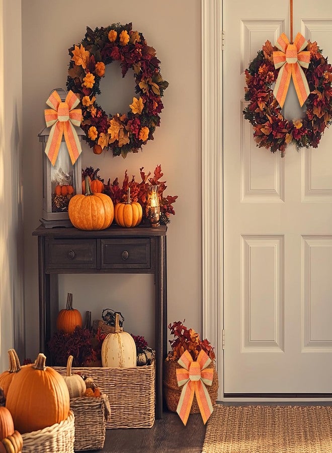 Ftuuo 4PCS Fall Orange Stripe Wreath Bows, Autumn Farmhouse Burlap Bow for Wreath Rustic Crafts Decorative Hanging Ornament Bow for Thanksgiving Indoor Outdoor Holiday Party Decorations - Image 3